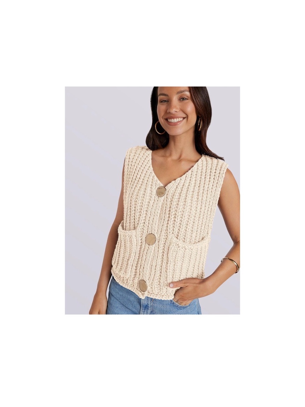 Chunky Knit Button Front Vest in Cream